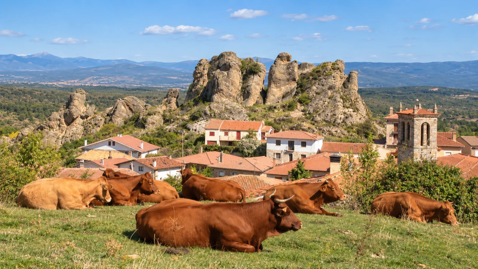 "Vacas descansando en un prado con vistas al caserío, la iglesia y los riscos de Pinilla de los Barruecos
