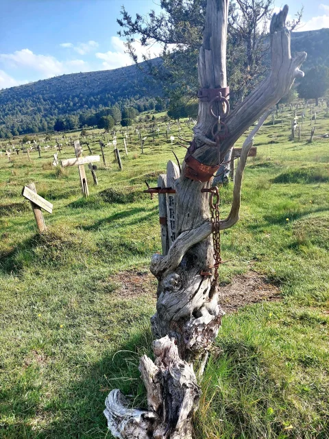 Tronco de árbol seco con cadenas, grilletes y lápida rústica frente a las cruces del Cementerio de Sad Hill
