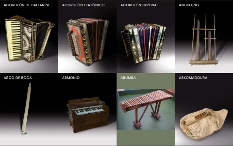 Muestra de instrumentos de la colección: Acordeón de Ballarini, Diatónico e Imperial, Angklung, Arco de boca, Armonio, Arumba y Askomadoura