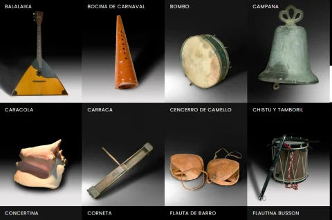Muestra de instrumentos de la colección: Balalaika, Bocina de carnaval, Bombo, Campana, Caracola, Carraca, Cencerro de camello y Chistu y tamboril
