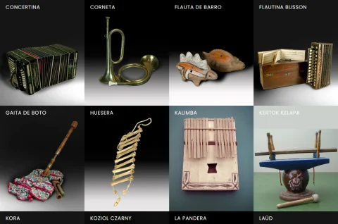 Muestra de instrumentos de la colección: Concertina, Corneta, Flauta de barro, Flautina Busson, Gaita de boto, Huesera, Kalimba y Kertok kelapa