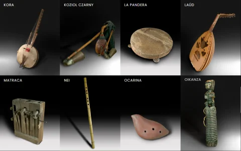 Muestra de instrumentos de la colección: Kora, Koziol czarny, La pandera, Laúd, Matraca, Nei, Ocarina y Oikanza