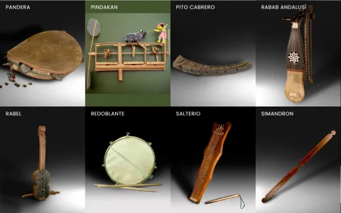 Muestra de instrumentos de la colección: Pandera, Pindakan, Pito cabrero, Rabab andalusí, Rabel, Redoblante, Salterio y Simandron