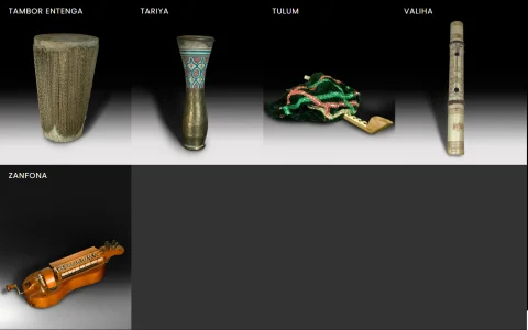 Muestra de instrumentos de la colección: Tambor entenga, Tariya, Tulum, Valiha y Zanfona