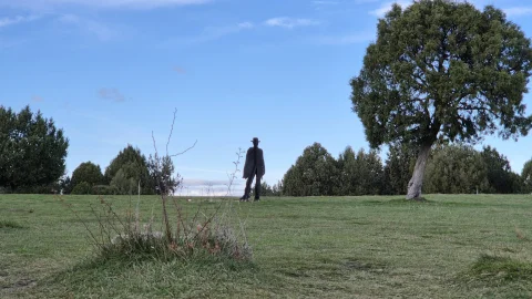 Silueta metálica de El Rubio a lo lejos en la pradera junto a un árbol solitario en el entorno del Cementerio de Sad Hill