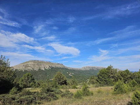 Panorámica de las Peñas de Carazo y masa forestal bajo un cielo azul despejado desde el entorno de Sad Hill