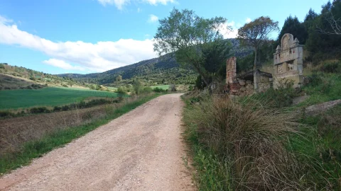 Camino rural de tierra con la fuente rústica y el Monumento al Burro entre colinas y campos
