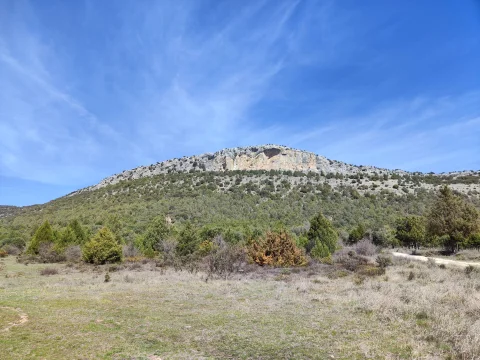 Pared rocosa y ladera boscosa de La Peñota del Gayubar sobre pradera y camino rural