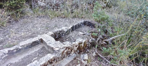 Abrevadero y pila alargada de piedra rústica seca entre la vegetación de Fuenteportillo