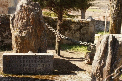 Troncos de árbol fosilizado y placa informativa de la era secundaria en Contrera