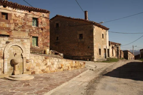 Fuente monumental de piedra labrada y casas de arquitectura tradicional en Villanueva de Carazo