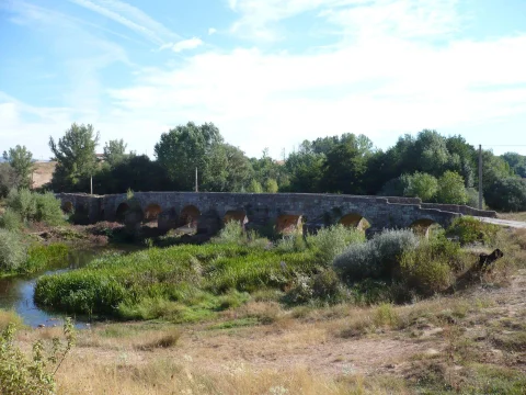 Puente histórico de sillería sobre el río Pedroso rodeado de prados en Barbadillo del Mercado