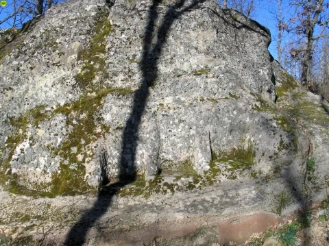 Gran peña con entalles de tronos rupestres bajo la sombra de robles en el altar céltico de Gete