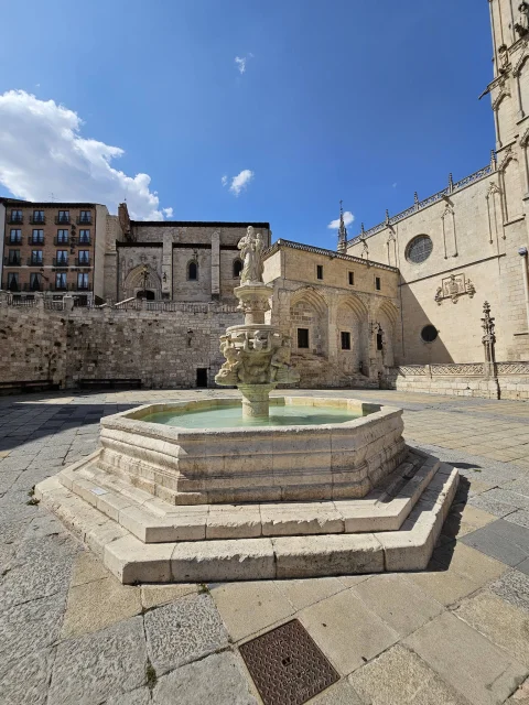 Perspectiva amplia de la fuente octogonal de piedra en la plaza junto a la Catedral de Burgos