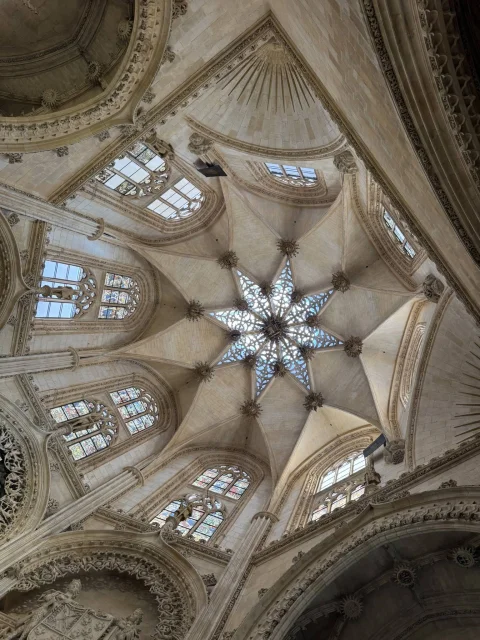 Plano contrapicado de la bóveda estrellada gótica con vidrieras polícromas e iluminación cenital
