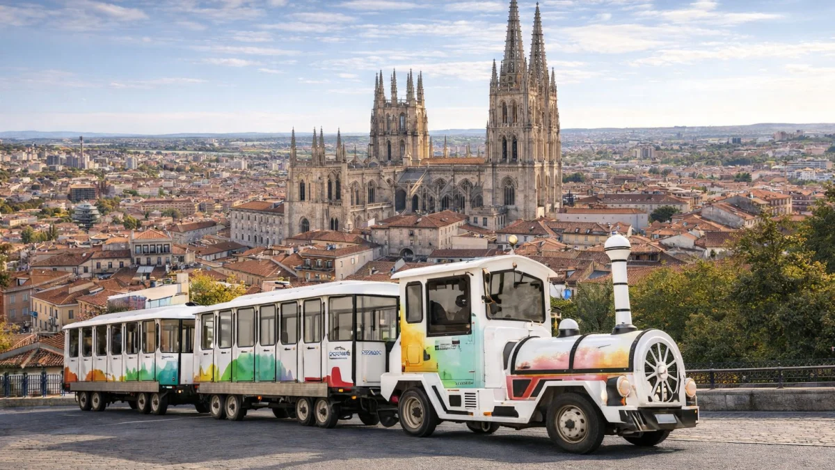 Panorámica del tren turístico con la Catedral y el centro urbano de Burgos