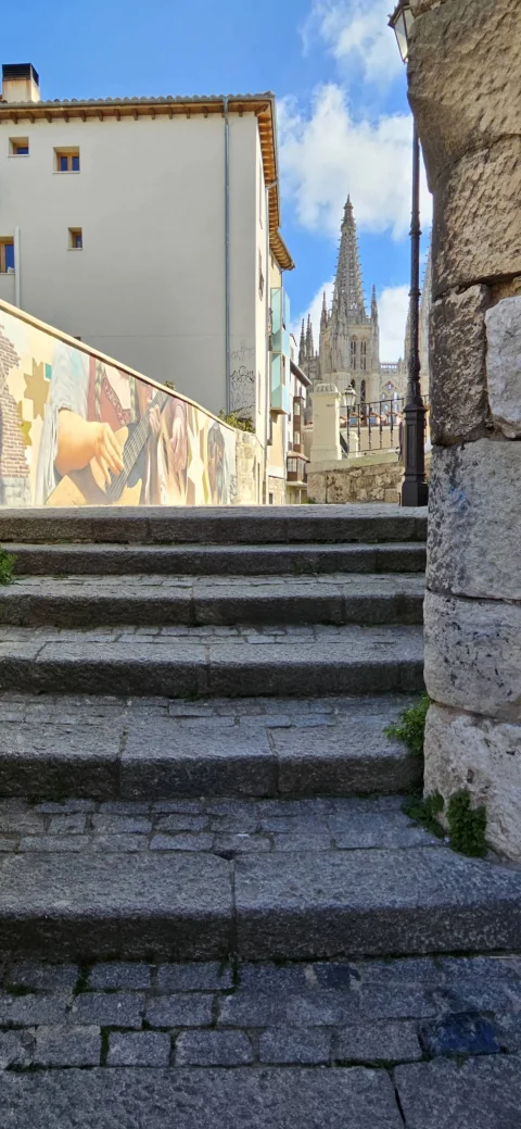 Escalinata de piedra en la Calle Embajadores con vista a la Catedral