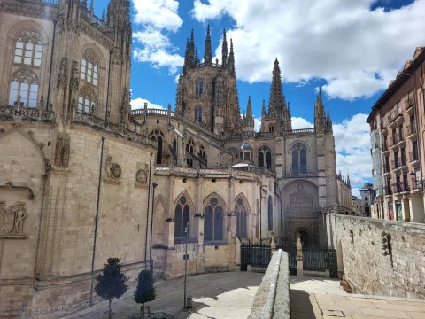 Perspectiva del lateral gótico de la catedral con el cimborrio y las agujas destacando
