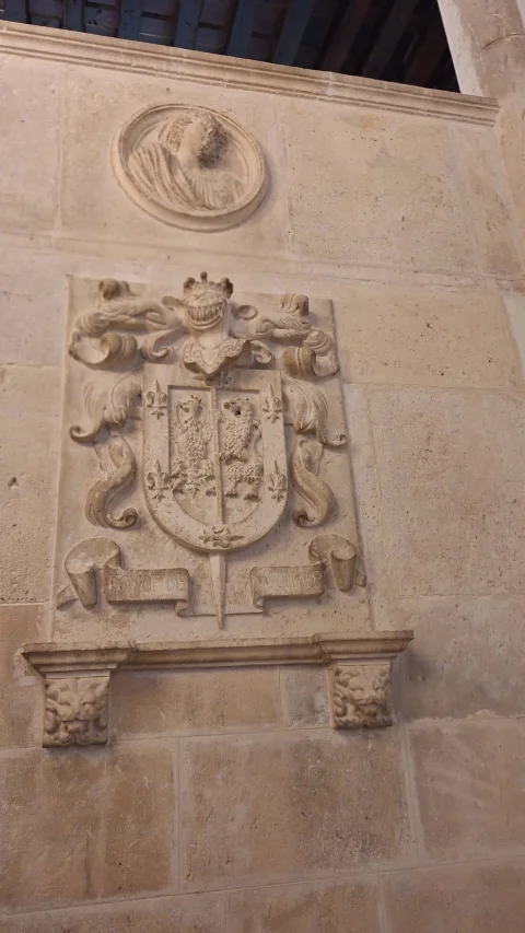 Escudo heráldico labrado en piedra en el palacio