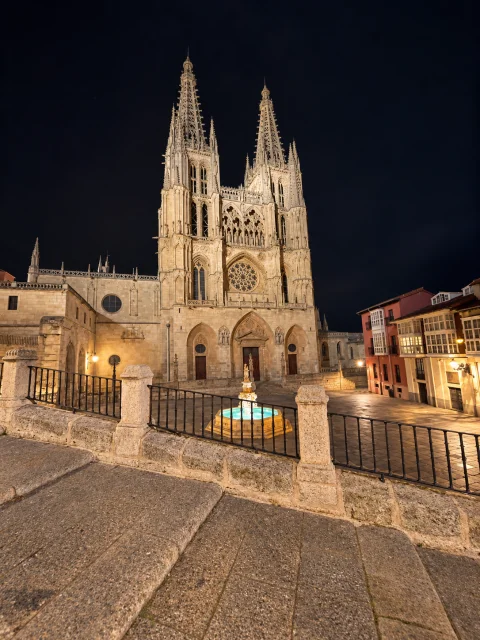 Torres iluminadas de la catedral gótica sobre la Plaza de Santa María y su fuente de noche