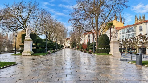 Paseo amplio de losas brillantes flanqueado por estatuas de piedra de reyes y copas de árboles sin hojas