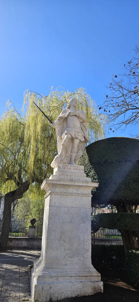 Estatua en piedra caliza de Juan I de Castilla («el de Las Huelgas») sobre alto pedestal ante sauces llorones