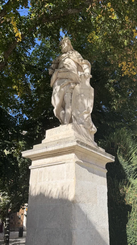 Estatua en piedra caliza del rey Alfonso VI sobre pedestal clásico entre el arbolado