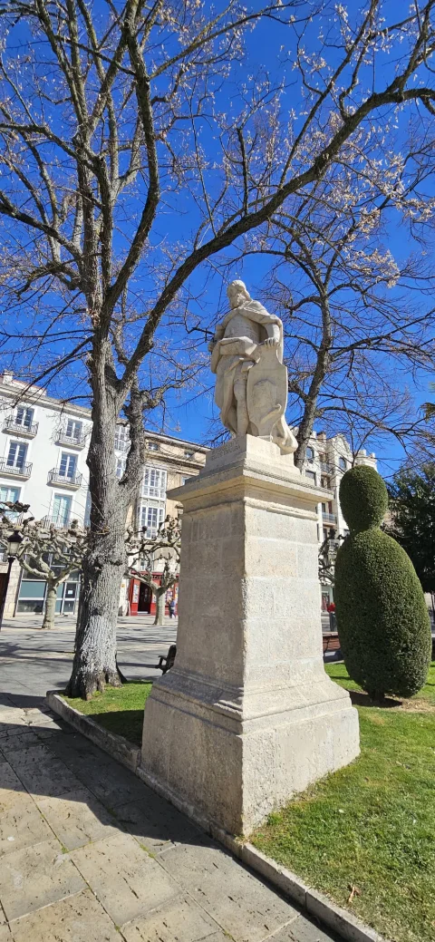 Vista lateral del monumento a Alfonso VI sobre pedestal de sillería entre árboles y edificios clásicos
