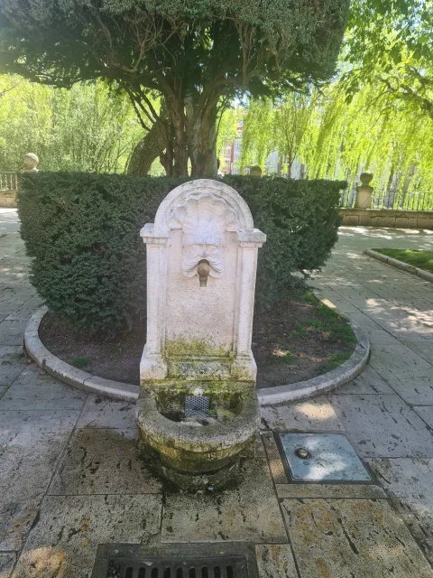 Fuente pública de piedra caliza con rostro tallado y caño de metal junto a un seto circular