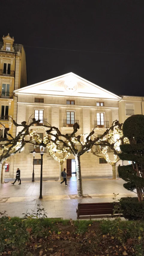 Vista nocturna del nuevo Consulado del Mar con frontón iluminado y guirnaldas navideñas en los árboles