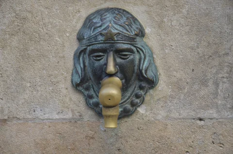 Detalle de un caño de agua en bronce con forma de mascarón humano antropomorfo