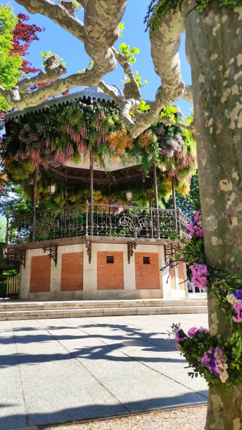 Templete de Música ochavado engalanado con guirnaldas florales visto a través de las ramas