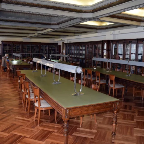 Biblioteca clásica con largas mesas de madera, lámparas alargadas de estudio y estanterías repletas de libros