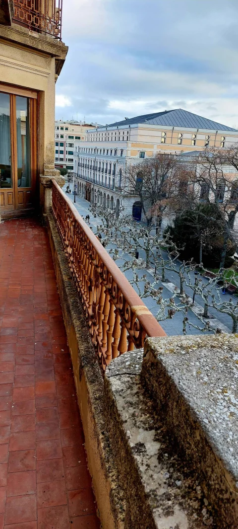 Vista en picado desde el balcón del Casino hacia el arbolado del Espolón y la cubierta del Teatro Principal