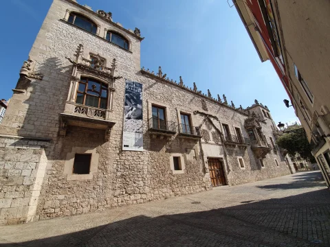 Vista oblicua de la fachada histórica de sillería con la torre izquierda, balcones góticos y la portada con el cordón