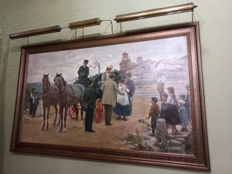 Pintura al óleo costumbrista que representa una escena rural castellana con carruaje de caballos