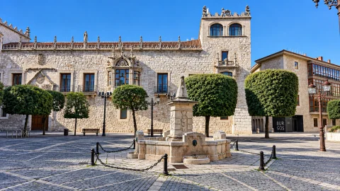 Perspectiva frontal de la fuente y la Casa del Cordón