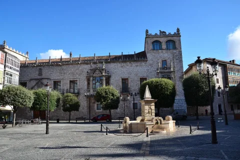 Vista en plano general de la Plaza de la Libertad con su fuente y el palacio medieval de sillería