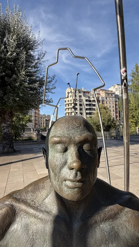 Detalle en primer plano del rostro de bronce del homínido adulto con los ojos cerrados