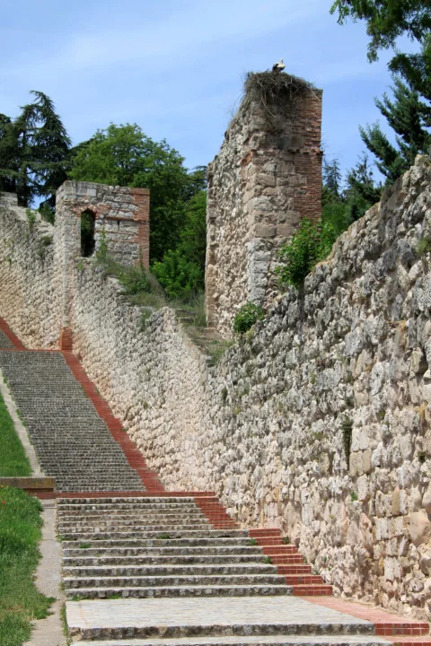 Muralla medieval con torres en ruinas y nido de cigüeña