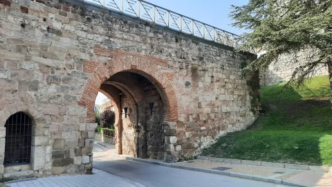Perspectiva cercana del arco de herradura del Arco de San Martín