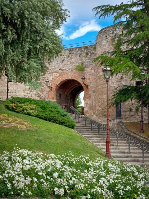 Vista en ascensión hacia el Arco de San Martín rodeado de jardines con flores