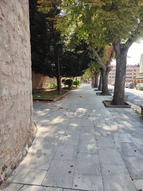 Perspectiva del paseo pavimentado flanqueado por el muro de piedra a la izquierda