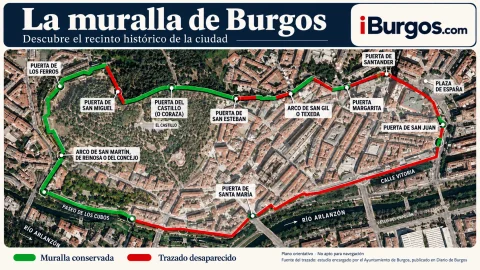 Plano del trazado conservado y desaparecido de la muralla de Burgos