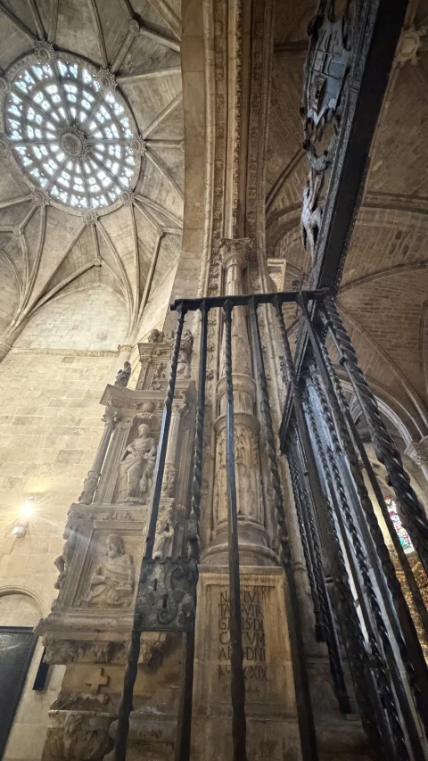 Reja de hierro forjado, arcosolios y rosetón de la capilla