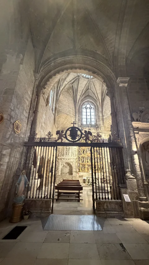Vista exterior de la entrada a la capilla a través de la reja monumental de hierro bajo un arco gótico