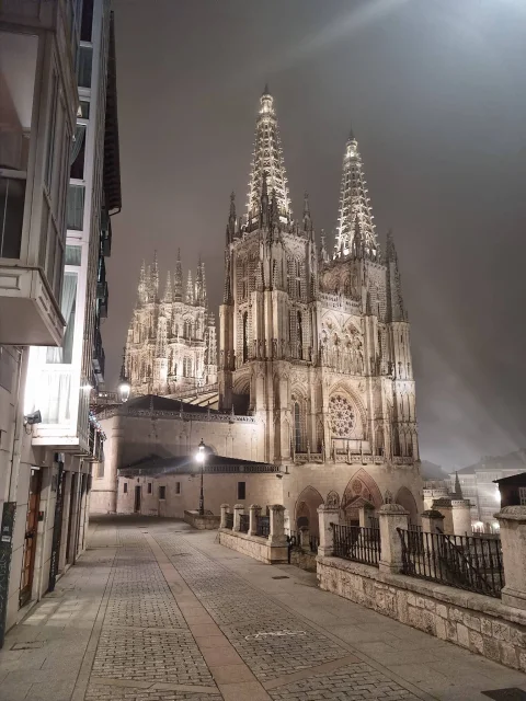 Iluminación nocturna de la Catedral de Burgos desde la Calle Fernán González