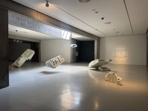 Esculturas suspendidas en la sala principal del Centro de Arte CAB