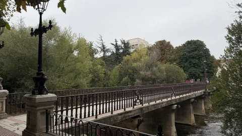 Perspectiva lateral del Puente de Bessón mostrando sus pilas de piedra y la barandilla de hierro