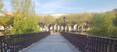 Vista en perspectiva del recorrido peatonal del Puente de Bessón con barandillas metálicas a los lados